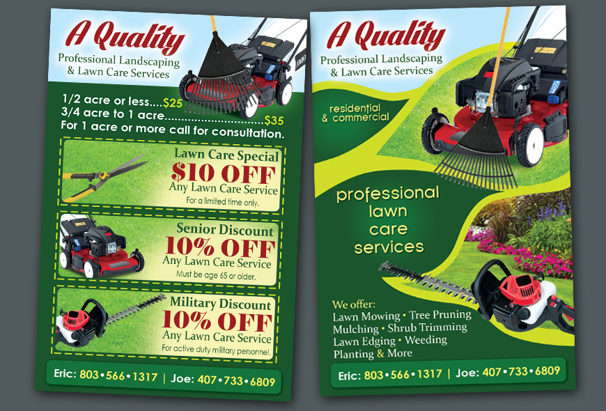 Flyer design and printing for landscaping/lawn care/grass cutting business in Florida & South Carolina.