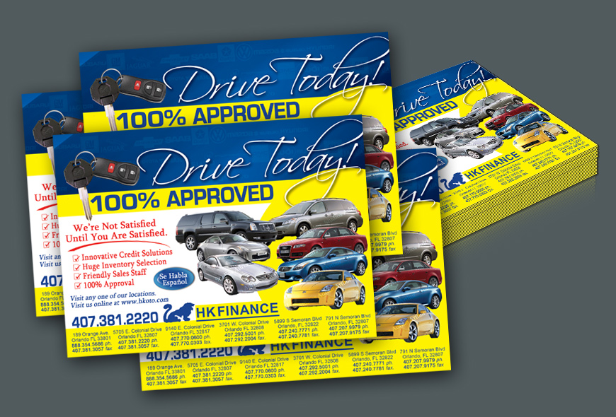 Car dealership postcard/flyer design and printing.